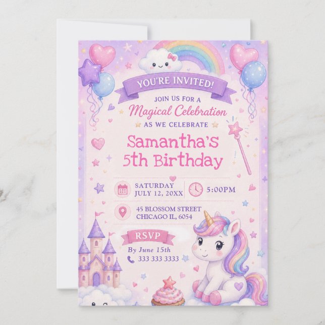 Convites Castelo Mágico de Aniversário de Unicórnio Fofo (Frente)