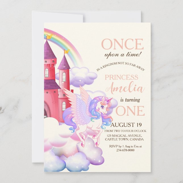 Convites Castelo Mágico Unicorn Beige Princess Birthday (Frente)