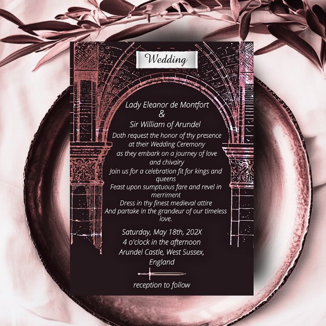 Convites Castelo Medieval Moody Rosa Casamento Pergaminho F (Medieval Castle Faux Parchment Wedding Invitation)