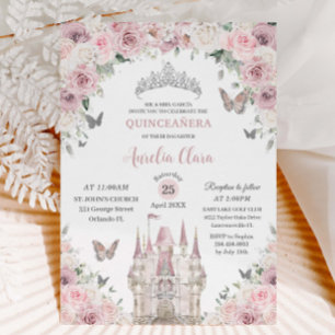 Convites Castelo Quinceañera, Princesa Floral Branca, Rosa,