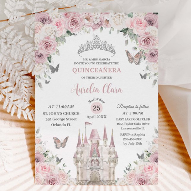 Convites Castelo Quinceañera, Princesa Floral Branca, Rosa, (light-dusty-pink-white-floral-princess-castle-silver-Quinceañera-15th-sweet-16-birthday-party-invite)