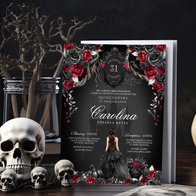 Convites Castelo Quinceanera Red Black Rosa Gothic Hauned (Criador carregado)
