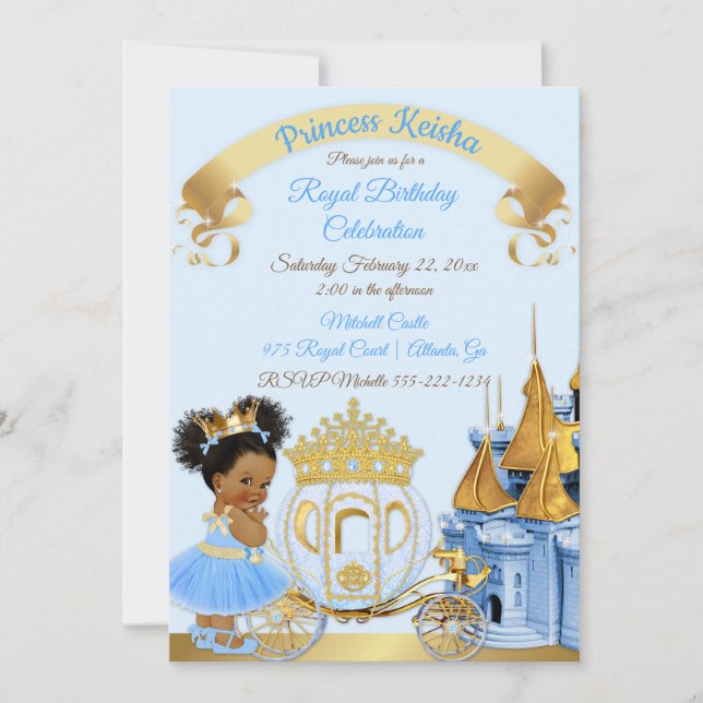 Convites Castelo Real da Princesa Carruagem Azul Dourado Me (Frente)