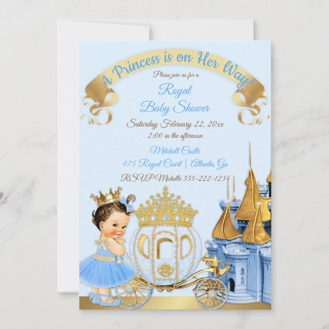 Convites Castelo Real da Princesa Carruagem Azul Dourado Me (Frente)