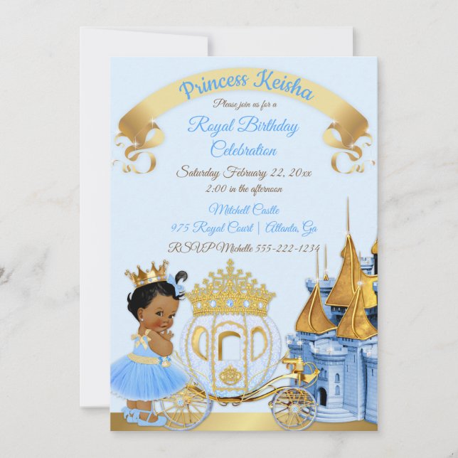 Convites Castelo Real Princesa Carruagem Azul Dourado Menin (Frente)
