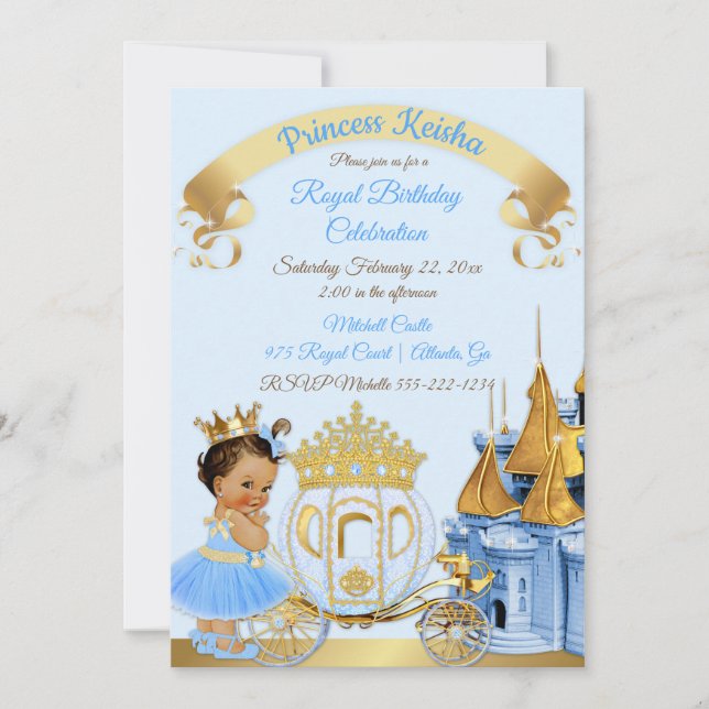 Convites Castelo Real Princesa Carruagem Azul Dourado Menin (Frente)