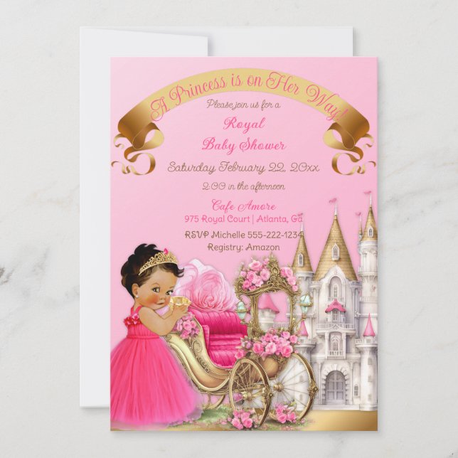Convites Castelo Real Princesa Carruagem Rosa Dourado Menin (Frente)