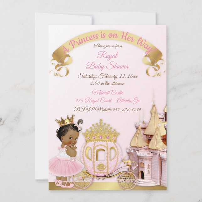 Convites Castelo Real Princesa Carruagem Rosa Dourado Menin (Frente)