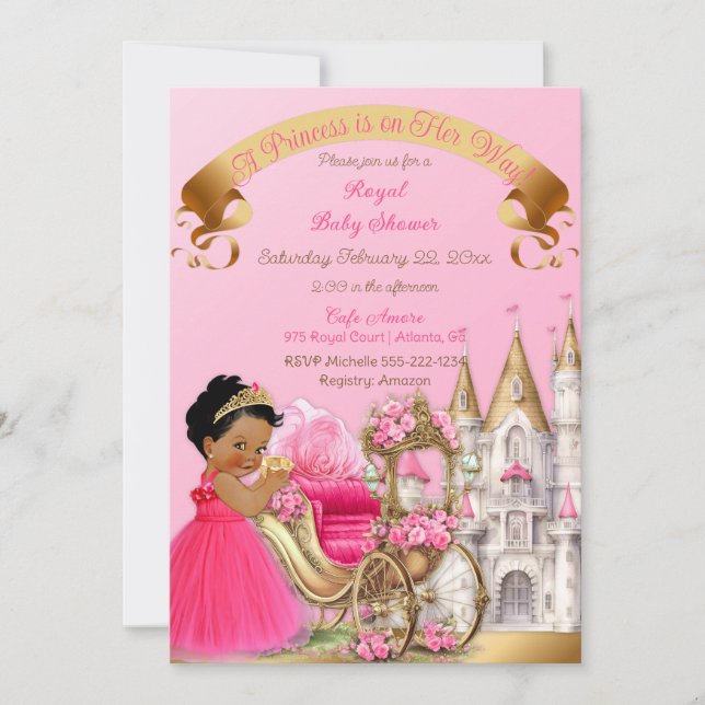 Convites Castelo Real Princesa Carruagem Rosa Dourado Menin (Frente)