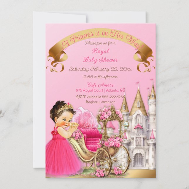 Convites Castelo Real Princesa Carruagem Rosa Dourado Menin (Frente)