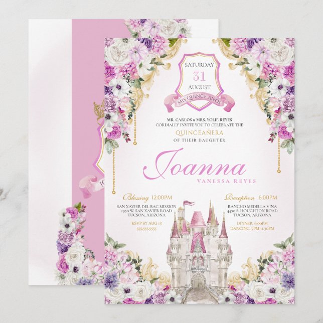 Convites Castelo Real Quinceanera, Princesa Púrpura Rosa (Frente/Verso)