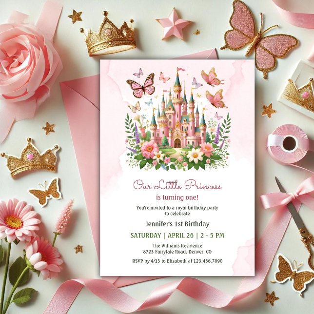 Convites Castelo Whimsic Rosa primeiro aniversario da Princ (Pink Whimsical Castle Little Princess 1st Birthday Invitation)