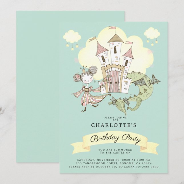 Convites Castle Princess Dragon Girl é Blue Birthday (Frente/Verso)