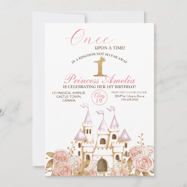 Convites Castle Princess Pink e Dourado Partido primeiro an (Frente)