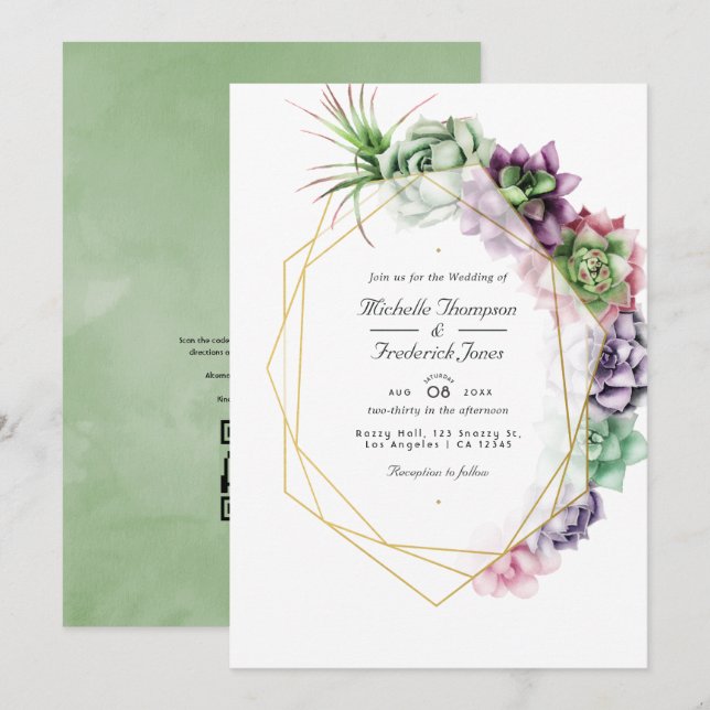 Convites Casuais Suculentas Código QR RSVP Casamento (Frente/Verso)