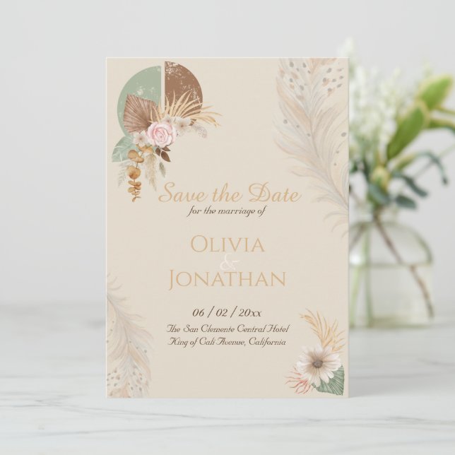Convites Casual Classe Pena Boho Bege Casamento Salve a Dat (Em pé/Frente)