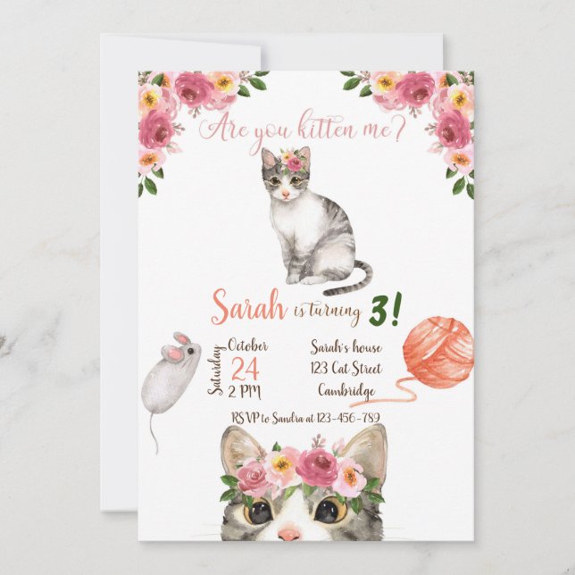 Convites Cat Birthday Invitation, Cat Invitation, Kitty (Frente)