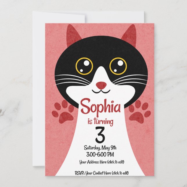 Convites Cat Birthday Invitation | Editable Name & Age (Frente)