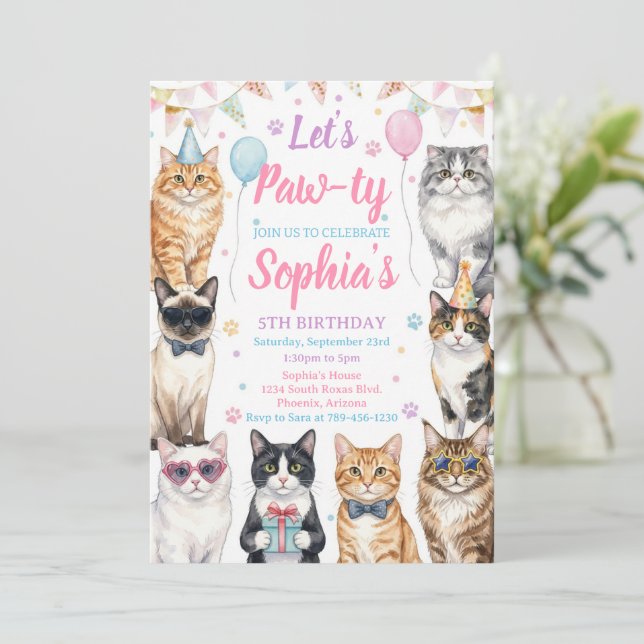 Convites Cat Birthday Invitation Kitten Party Pawty Girl (Em pé/Frente)