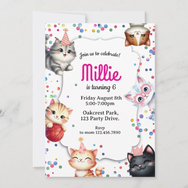Convites cat birthday invitation, kitty party invite (Frente)
