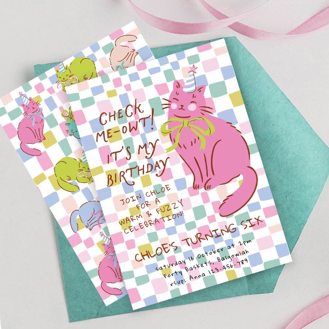 Convites Cat Birthday Invite, Girls Party Invite, Retro Cat (Criador carregado)