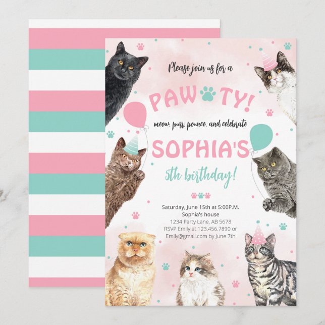 Convites Cat Birthday Pawty (Frente/Verso)