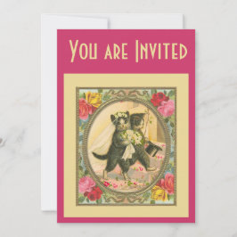 Convites Cat Bride and Groom Wedding Invitation pink yellow