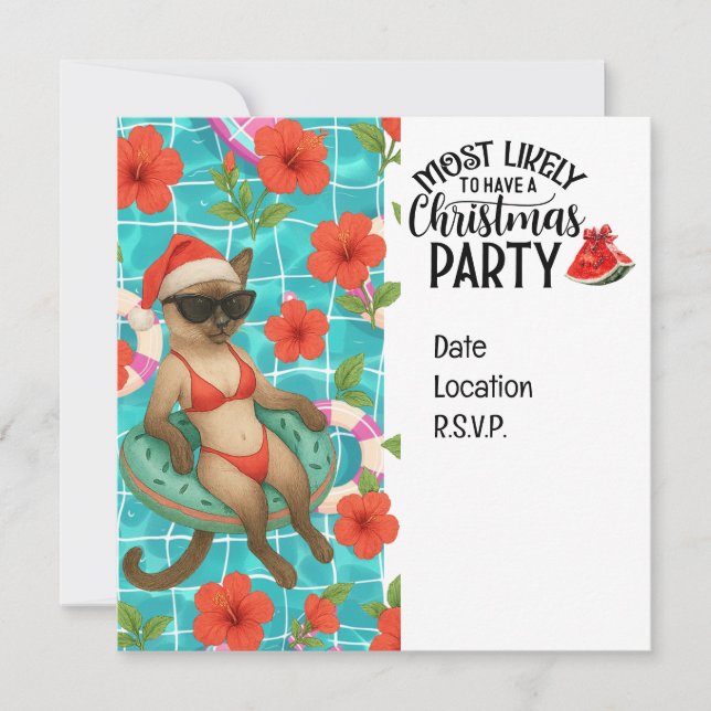 Convites Cat Christmas Pool Party for Christmas in July  (Frente)