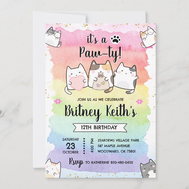Convites Cat Kitten Rainbow Birthday Boy Invent (Frente)