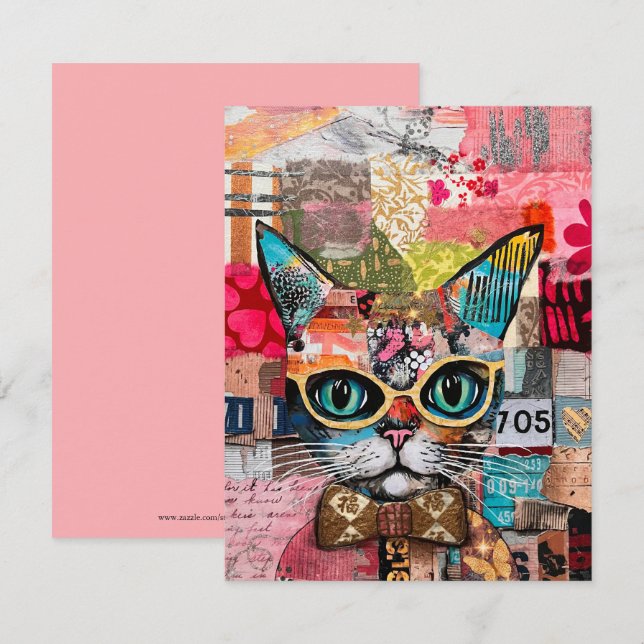 Convites Cat Mixed Mixed Paper Collage Greeting Card (Frente/Verso)