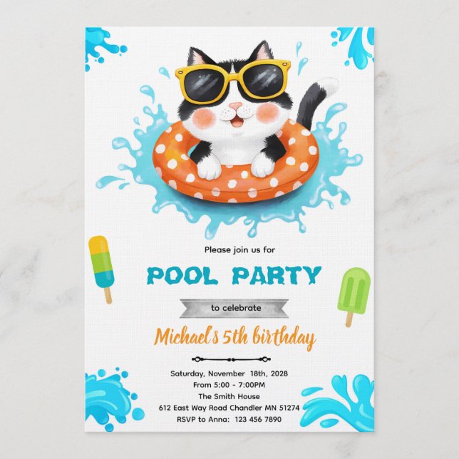 Convites Cat pool party invitation (Frente)