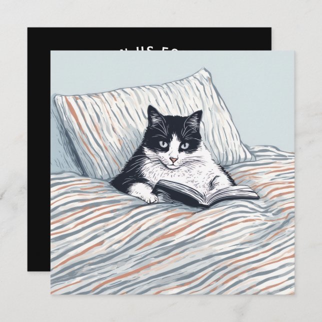 Convites cat reading in bed (Frente/Verso)