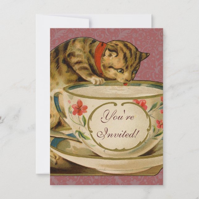 Convites Cat Teacup Cute Vintage Victorian (Frente)
