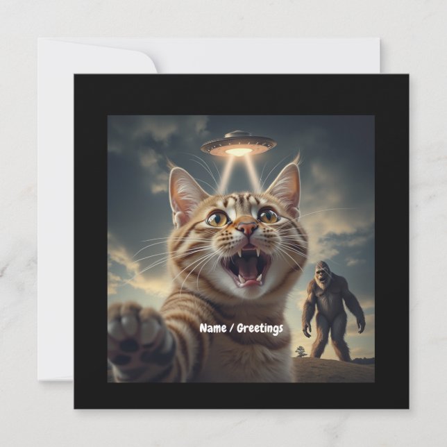 Convites Cat Tomando Selfie com OVNI e Presente Engraçado d (Frente)
