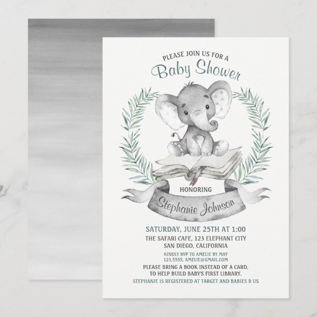 Convites Catálogo de Chás de fraldas de Elefante de Aquarel (Frente/Verso)