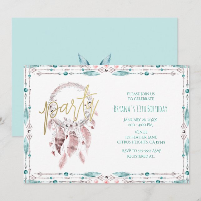 Convites Catcher de Sonho de Pena Boêmio Verde Aniversário (Frente/Verso)