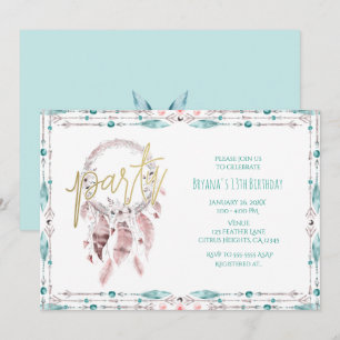 Convites Catcher de Sonho de Pena Boêmio Verde Aniversário