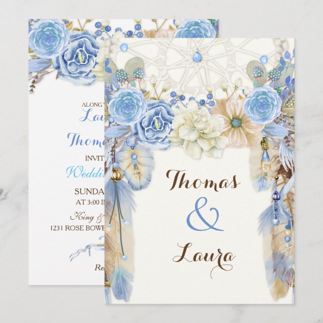 Convites Catcher de Sonho Tribal Boho Aquarela Azul Bege (Frente/Verso)