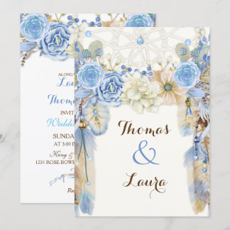Convites Catcher de Sonho Tribal Boho Aquarela Azul Bege