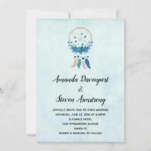 Convites Catcher de Sonhos Azul com Flores e Penas Casament