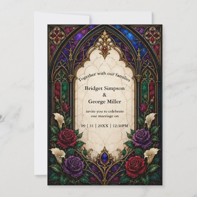 Convites Catedral de casamento em rosa gótico vitral (Frente)
