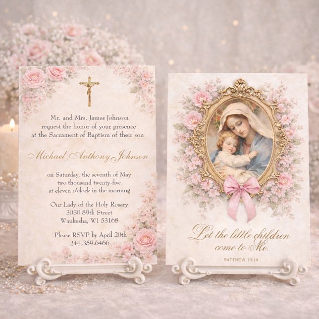 Convites Catholic Baptism Christening Mary Jesus Roses (Criador carregado)