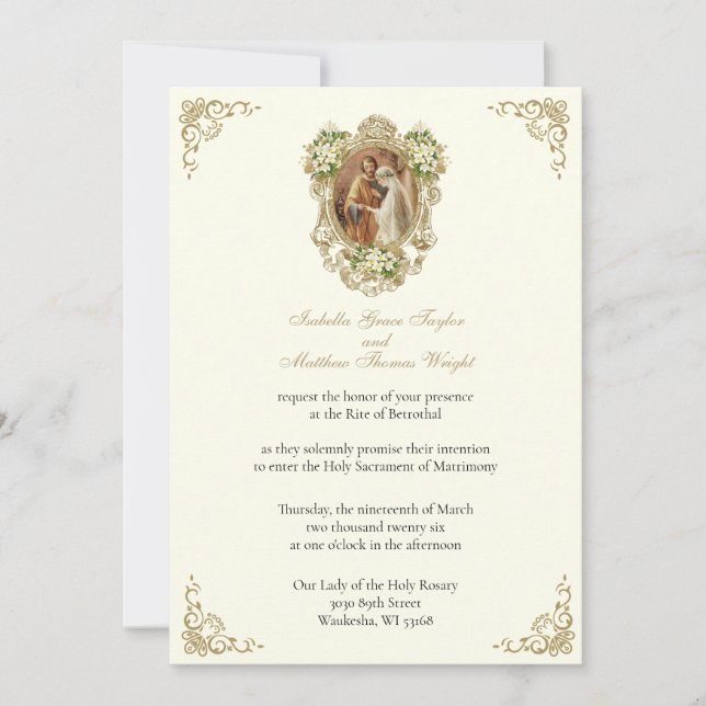 CONVITES CATHOLIC FLORAL GOLD  BETROTHAL INVITATIONS (Frente)