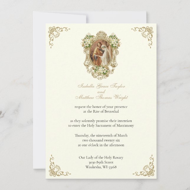 CONVITES CATHOLIC FLORAL GOLD  BETROTHAL INVITATIONS (Frente)
