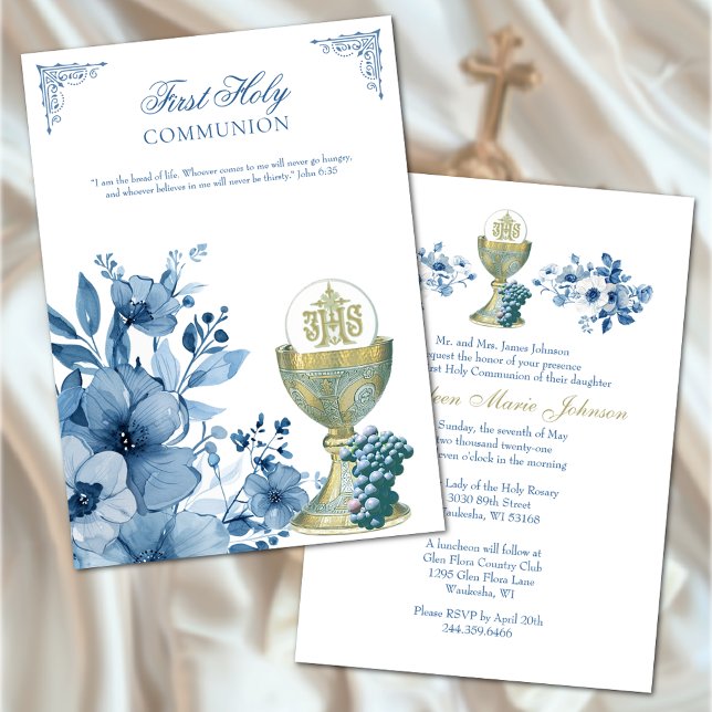 Convites Católica Comunhão Dusty Blue Floral (EASY TO PERSONALIZE!)