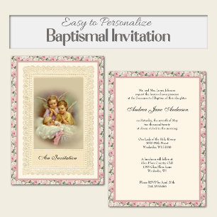 Convites Católica Vintage Rapariga Baptism Christening Ange