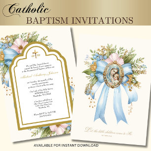 Convites Católico Batismo Floral Mary e Jesus