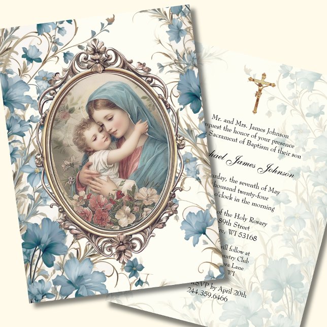 Convites Católico Blue Floral Baptism Christening Baby (Criador carregado)