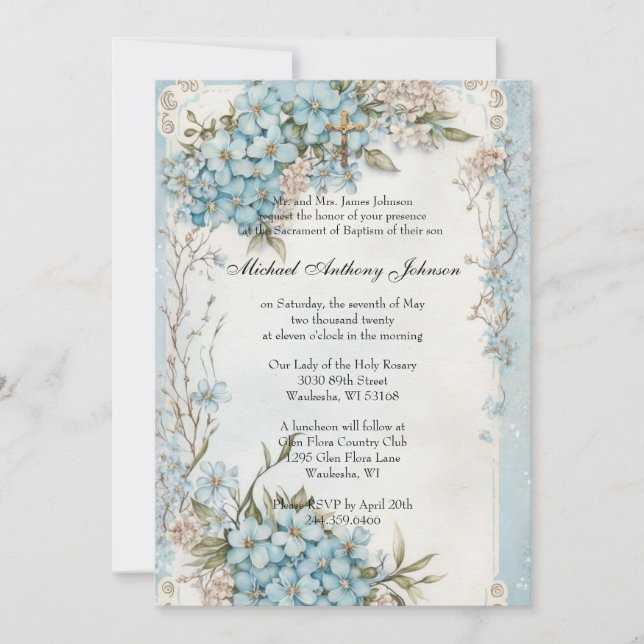 Convites Católico Vintage Baptism Christening Baby Boy Invi (Frente)