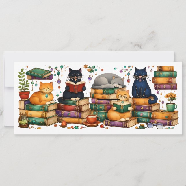 Convites Cats Reading Books Cozy Library Scene (Frente)